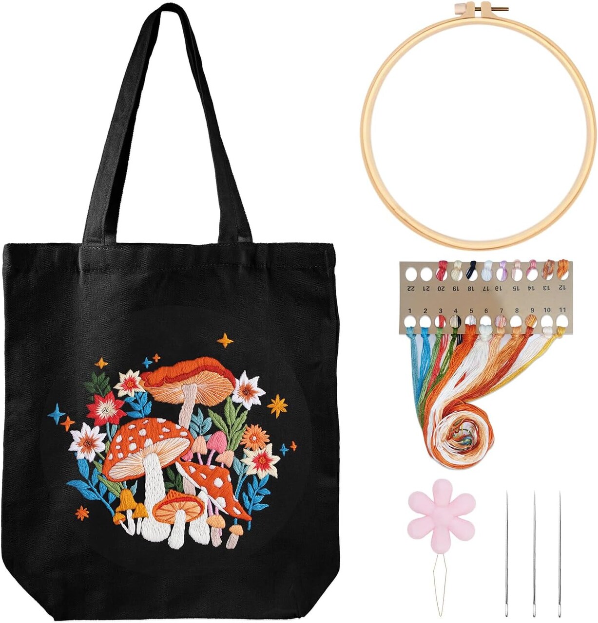 Embroidery Kit Canvas Tote Bag for Beginners(mushroom art)11.81 x 9.84 x 1.02 inches